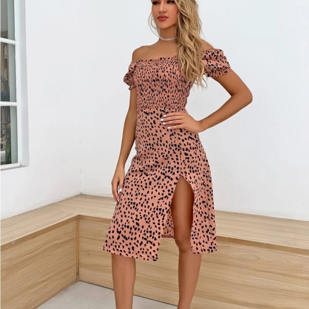 Joyfunear Off Shoulder Shirred Slit Hem Leopard Dress NWT